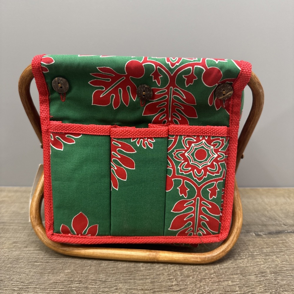 Vintage Hawaiian "Any Kine" Folding Caddy Basket Wood Frame Green Red NWT